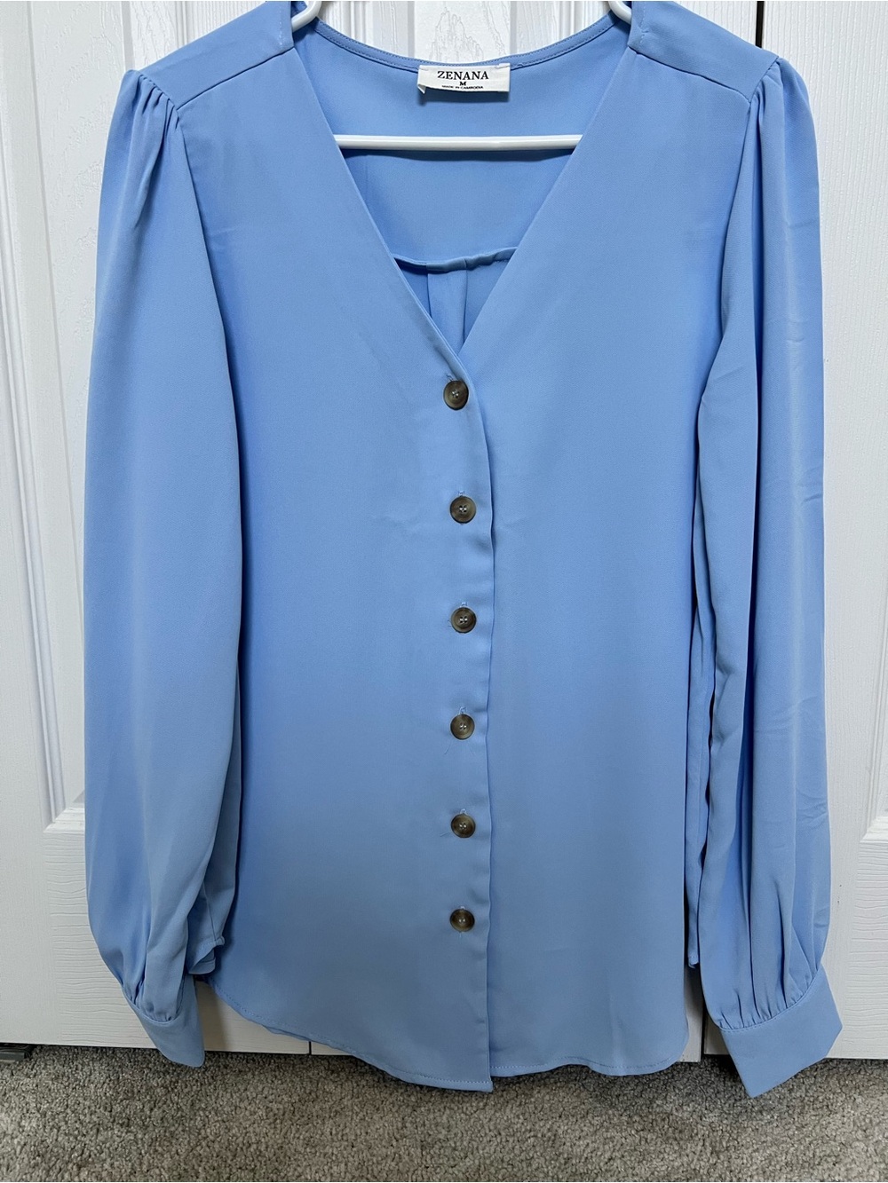 NWOT boutique top. Zenana Outfitters Dusty Blue V-Neck Button Front Blouse